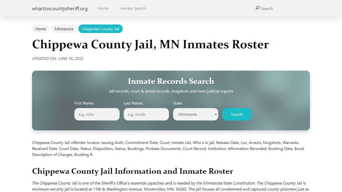 Chippewa County Jail, MN Jail Roster, Name Search